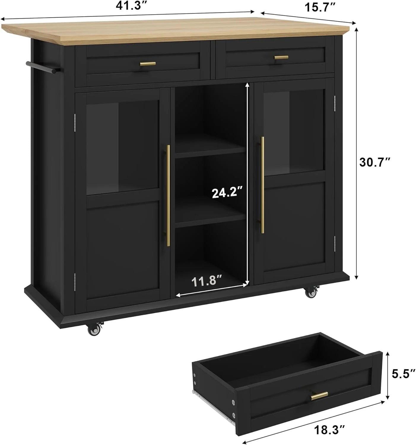 WALYWIK Foldable Kitchen Island Cart with Wheels, 2 Glass Doors, Spice Rack & Towel Holder - Compact Mobile Storage Cart for Small Kitchens, Dining Rooms, Camping & Rvs - Grey