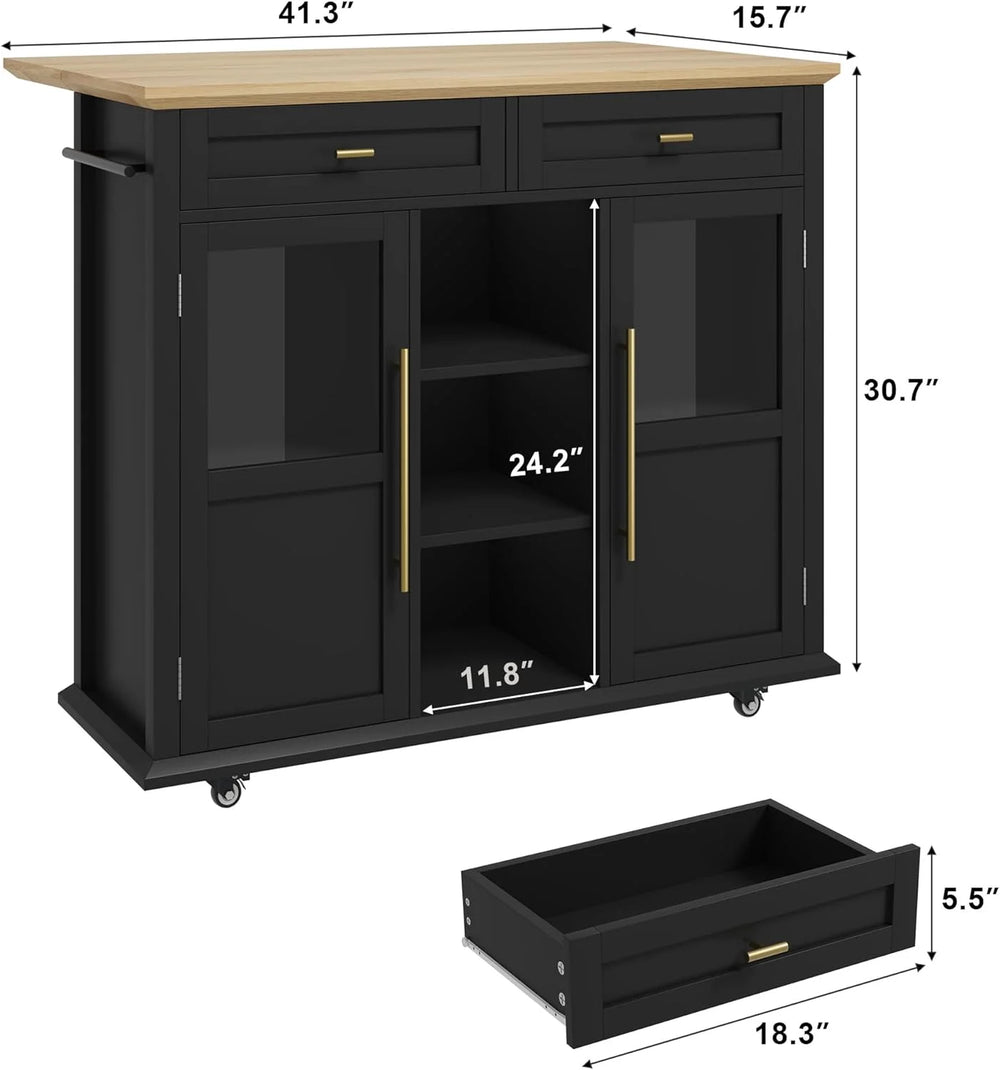 WALYWIK Foldable Kitchen Island Cart with Wheels, 2 Glass Doors, Spice Rack & Towel Holder - Compact Mobile Storage Cart for Small Kitchens, Dining Rooms, Camping & Rvs - Grey