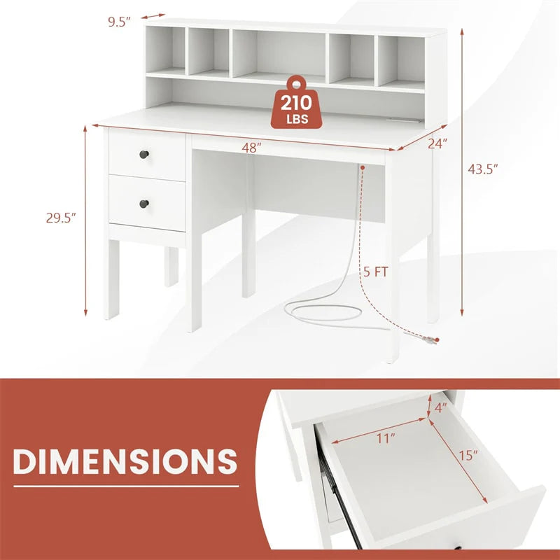 48" Home Office Desk with Power Outlets, USB & Type-C Charging Station, Modern Writing Desk w/ 5-Cubby Hutch & Drawers for Study Makeup Vanity