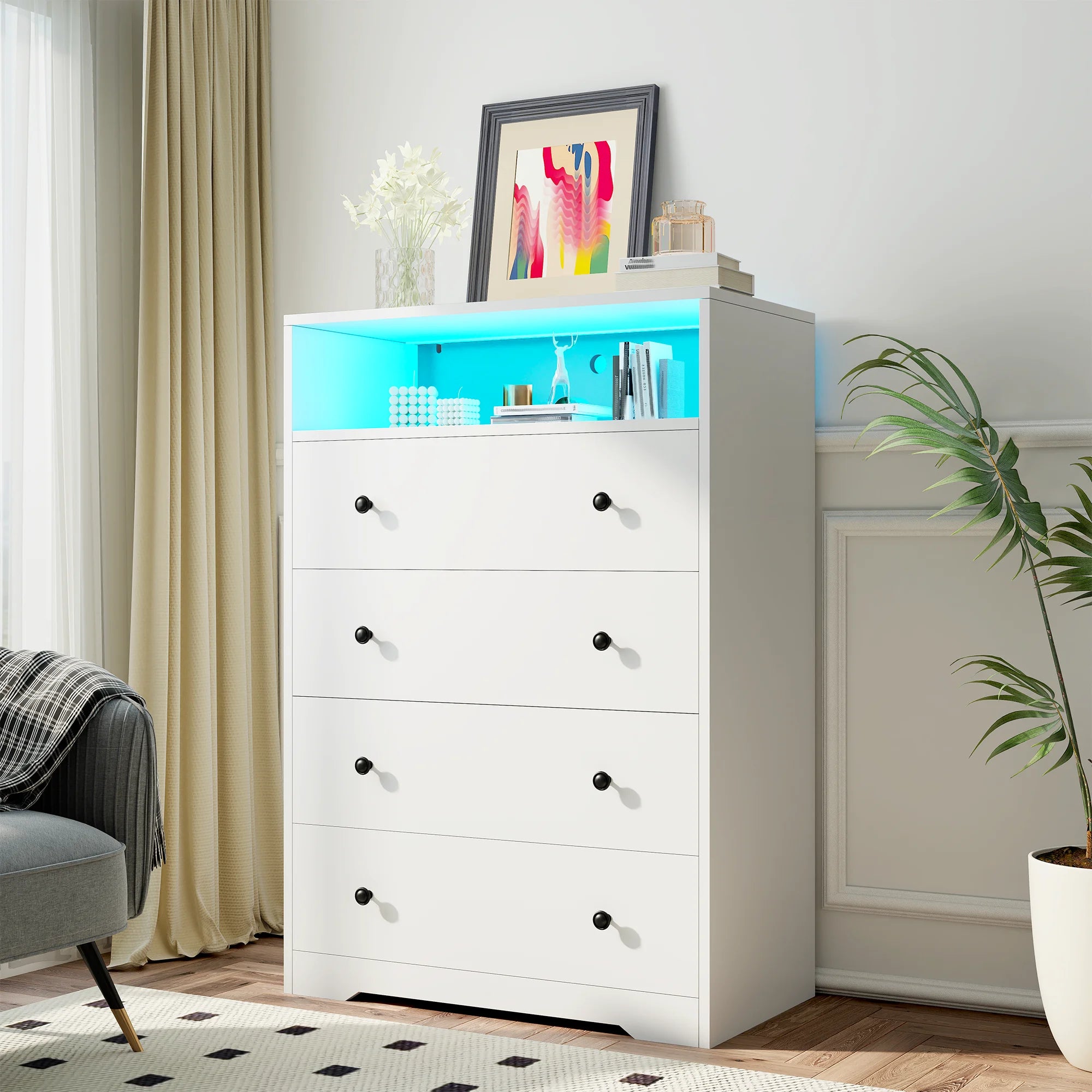 4 - Drawer Black Wood Dresser with LED Lights, Modern Chest of Drawers for Bedroom, Living Room