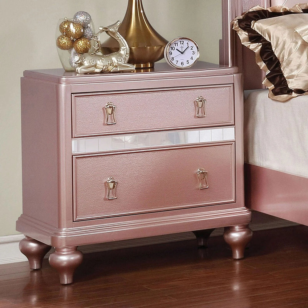 Contemporary Rosé Gold Twin Size Bed 6pc Set Dresser Mirror Nightstand Chest Padded HB Tufted Bedroom Furniture Solid Wood