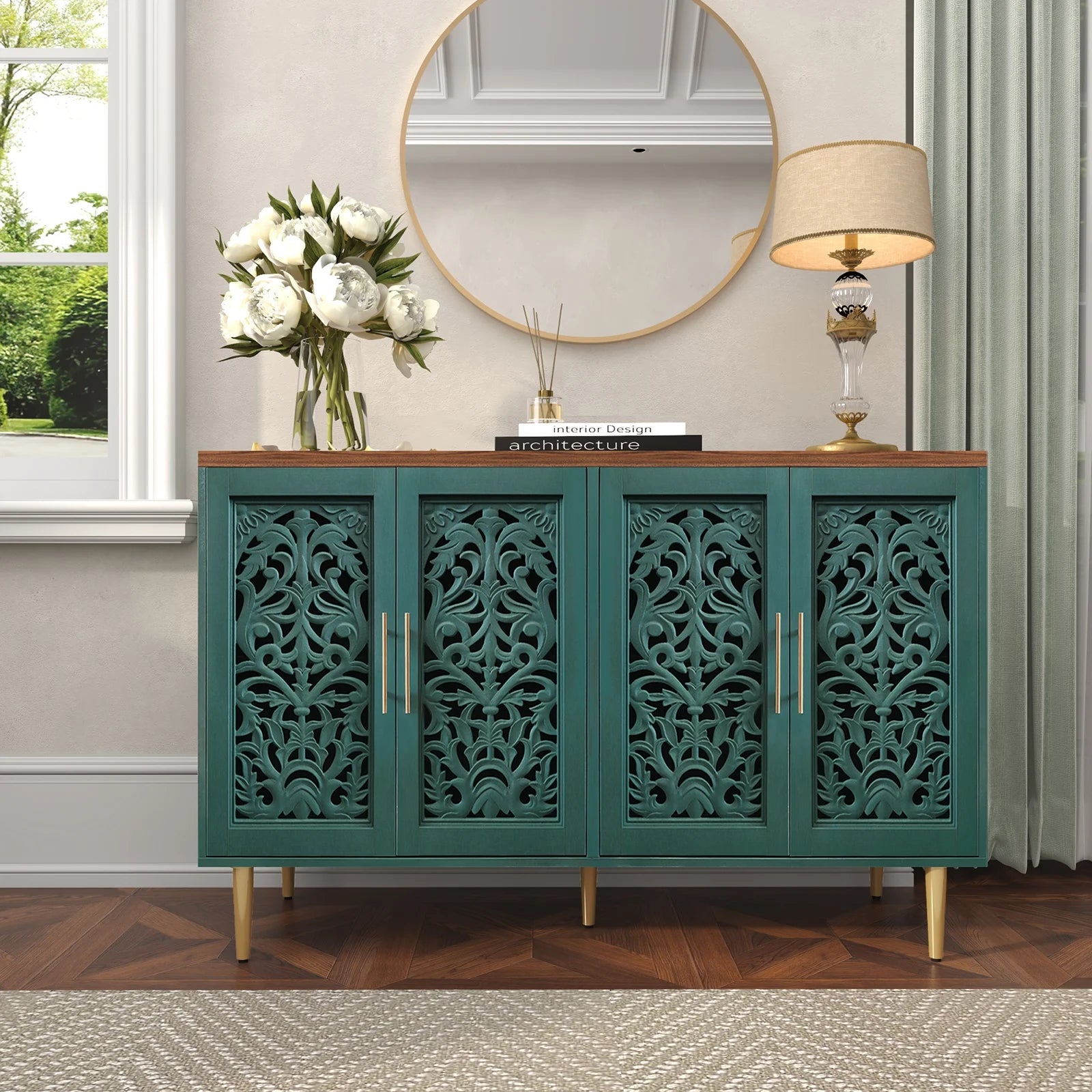 HLR 48" Accent Cabinet with 4 Doors, Vintage Hollow Carving Storage Credenza, Sideboards and Buffets Cabinet for Living Room, Kitchen, Dining Room, Entryway