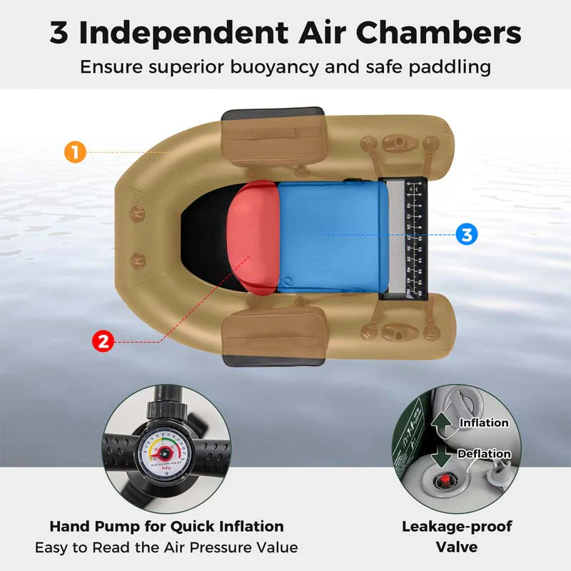 Inflatable Fishing Float Tube with 2 Large Storage Pockets, Angling Base, 20" Fish Ruler & 4 Motor Buckles, 352LBS Capacity Belly Boat for Fly Fishing