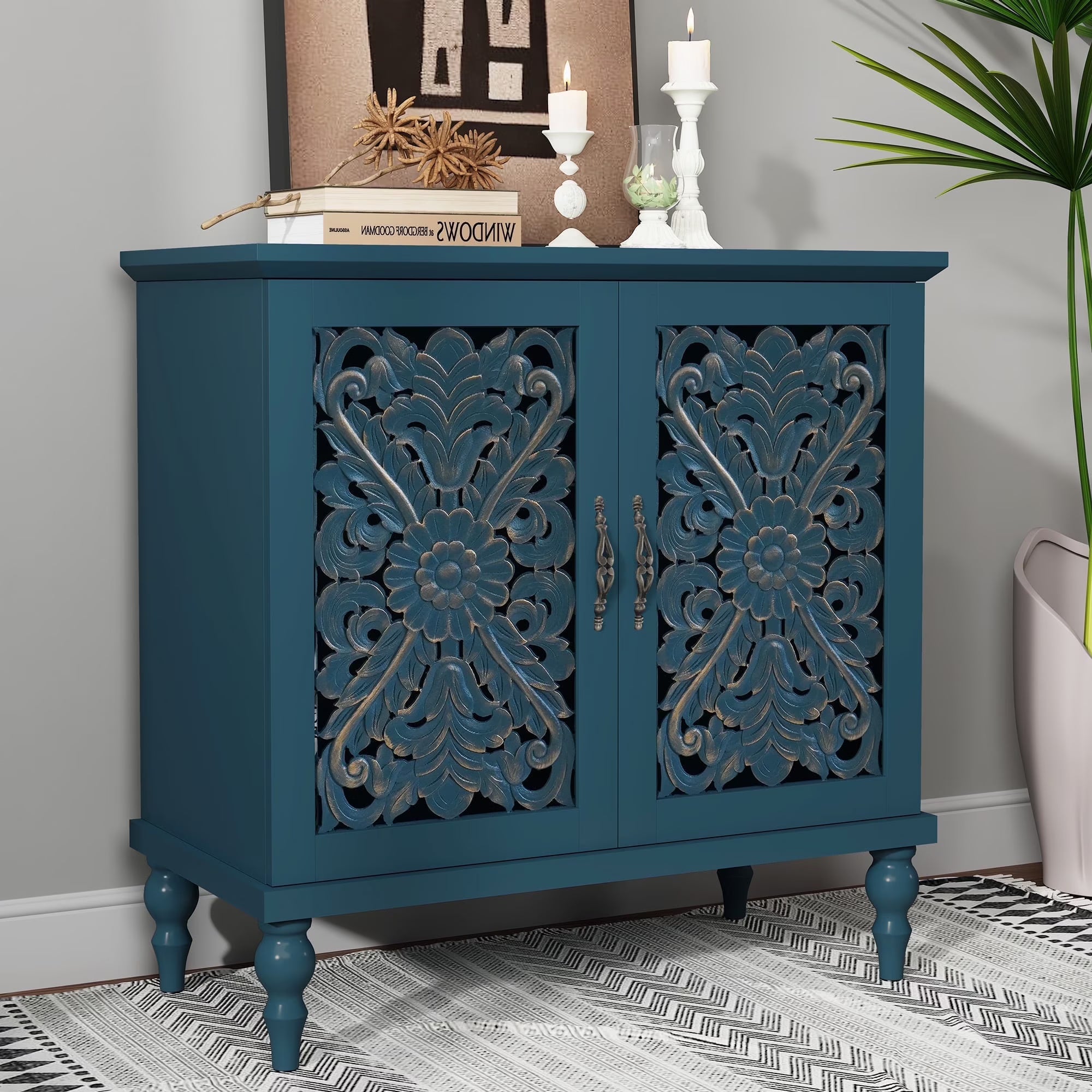 HLR 48" Accent Cabinet with 4 Doors, Vintage Hollow Carving Storage Credenza, Sideboards and Buffets Cabinet for Living Room, Kitchen, Dining Room, Entryway - 48"-4door-Green