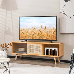 Mid Century Modern TV Stand for TVs up to 55", Bamboo Entertainment Center Media Console with Rattan & Glass Sliding Doors, Adjustable Shelf - Walnut