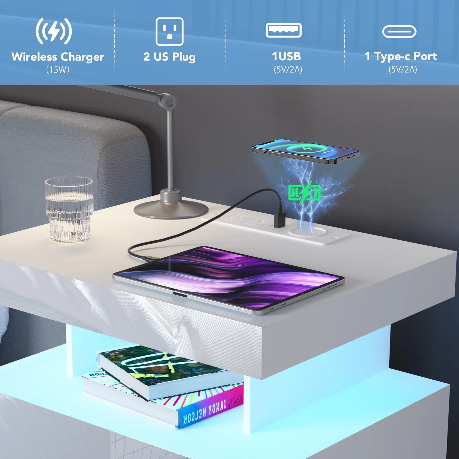 Hommpa LED Nightstand Wireless Charging Station USB Type C Outlets Bedside Table 3 Drawers Black Night Table Modern Smart Nightstand High Gloss End Side Table for Bedroom Furniture 26.8" Tall
