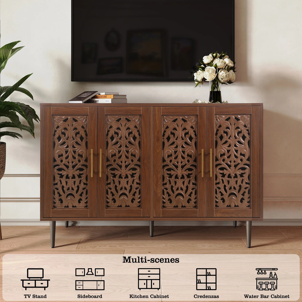 HLR 48" Accent Cabinet with 4 Doors, Vintage Hollow Carving Storage Credenza, Sideboards and Buffets Cabinet for Living Room, Kitchen, Dining Room, Entryway
