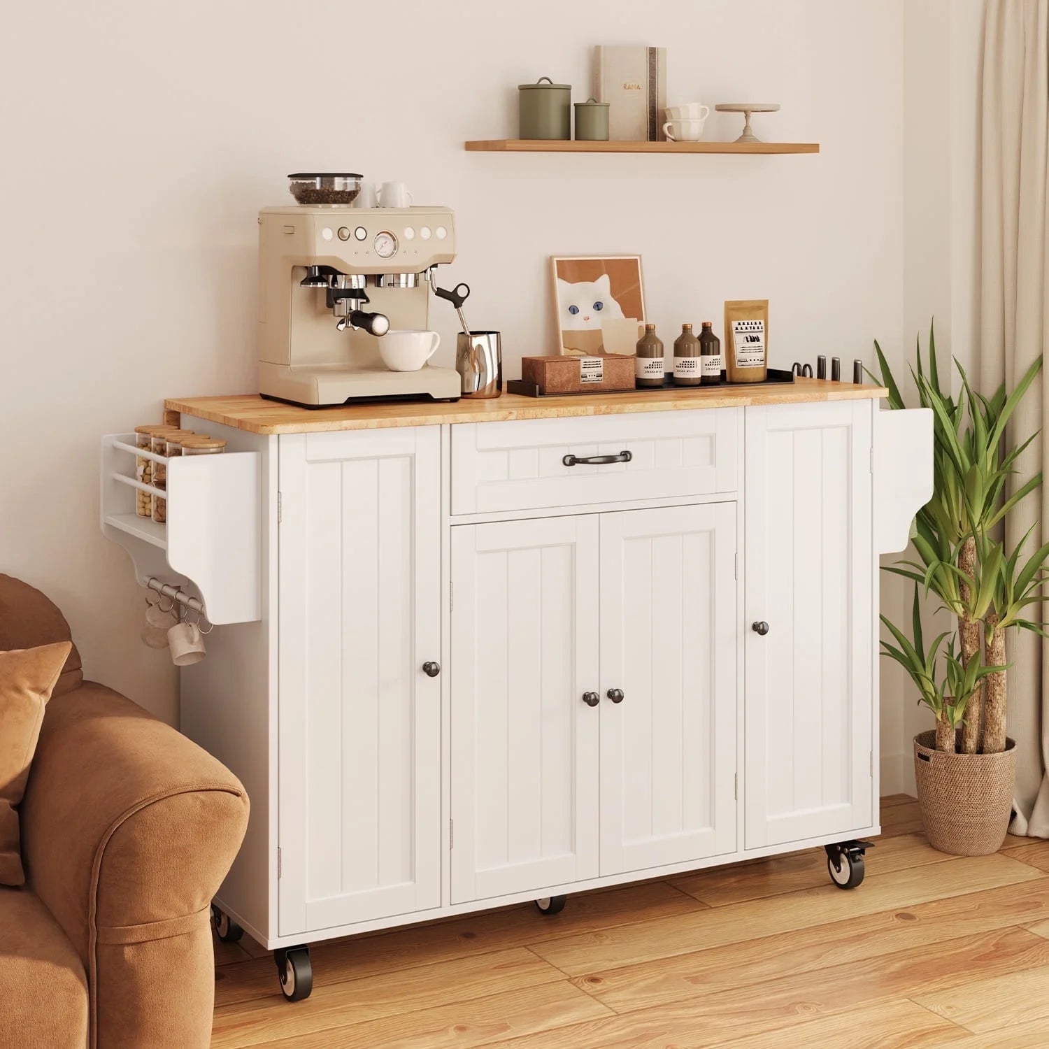 Noelse Kitchen Island with Storage, Island Table for Kitchen with Drop Leaf, Spice Rack, Towel Bar for Small Kitchens, White