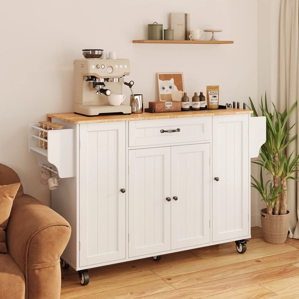 Noelse Kitchen Island with Storage, Island Table for Kitchen with Drop Leaf, Spice Rack, Towel Bar for Small Kitchens, White