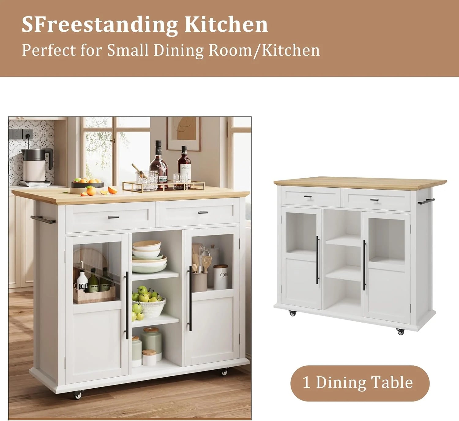 WALYWIK Foldable Kitchen Island Cart with Wheels, 2 Glass Doors, Spice Rack & Towel Holder - Compact Mobile Storage Cart for Small Kitchens, Dining Rooms, Camping & Rvs - Grey
