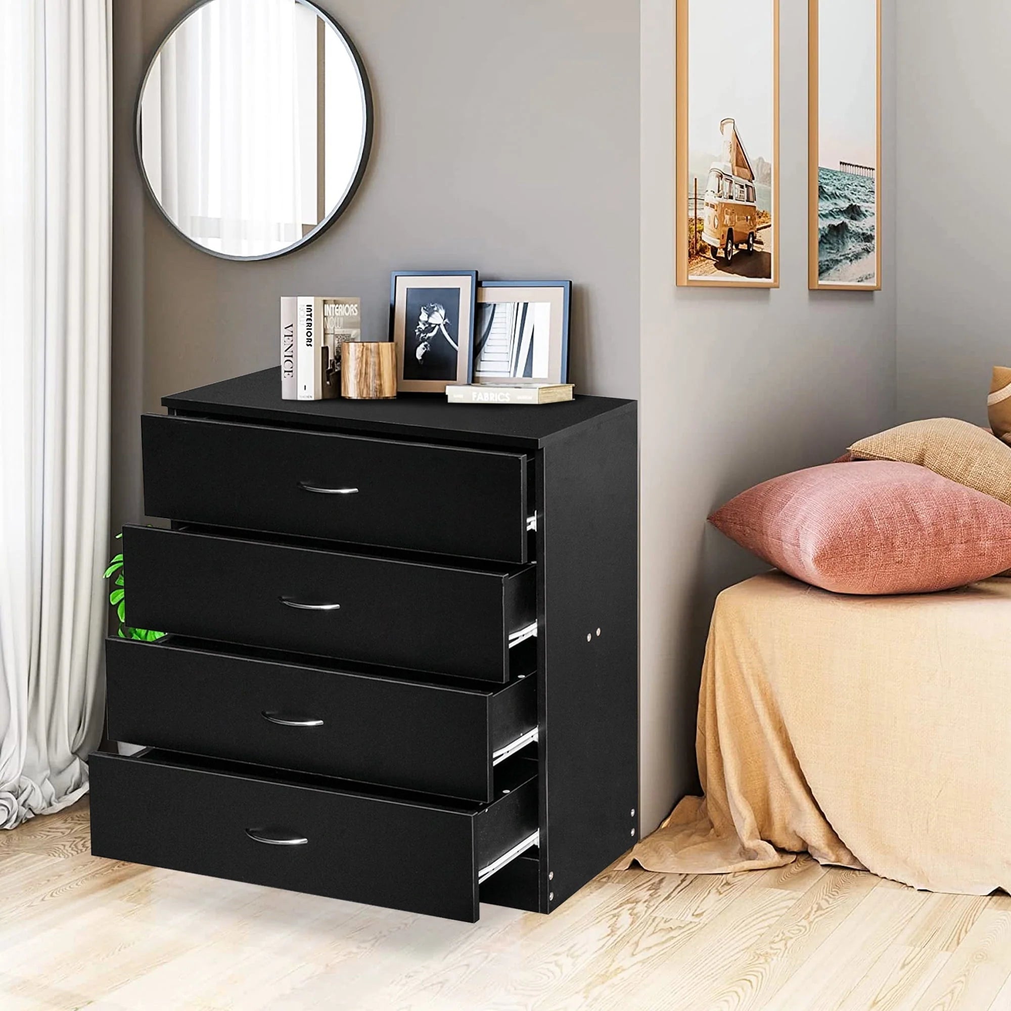 Segmart Black Chest of 4 Drawers, Wood Bedroom Furniture Chest Cabinet with Metal Handles for Kids Room