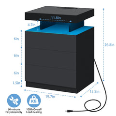 Hommpa LED Nightstand Wireless Charging Station USB Type C Outlets Bedside Table 3 Drawers Black Night Table Modern Smart Nightstand High Gloss End Side Table for Bedroom Furniture 26.8" Tall - Black / 2 Pack