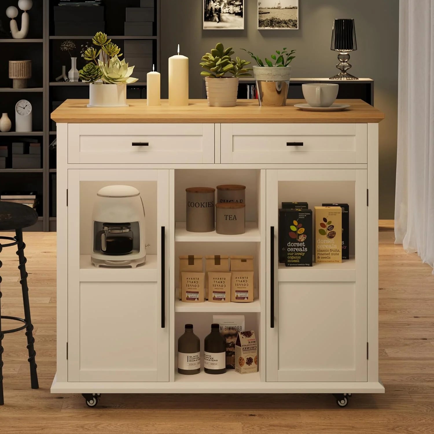 WALYWIK Foldable Kitchen Island Cart with Wheels, 2 Glass Doors, Spice Rack & Towel Holder - Compact Mobile Storage Cart for Small Kitchens, Dining Rooms, Camping & Rvs - Grey