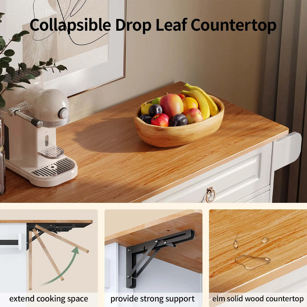 Lofka 52 - Inch Kitchen Island with Storage on Wheels with Wood Drop Leaf, Ideal for Small Kitchens
