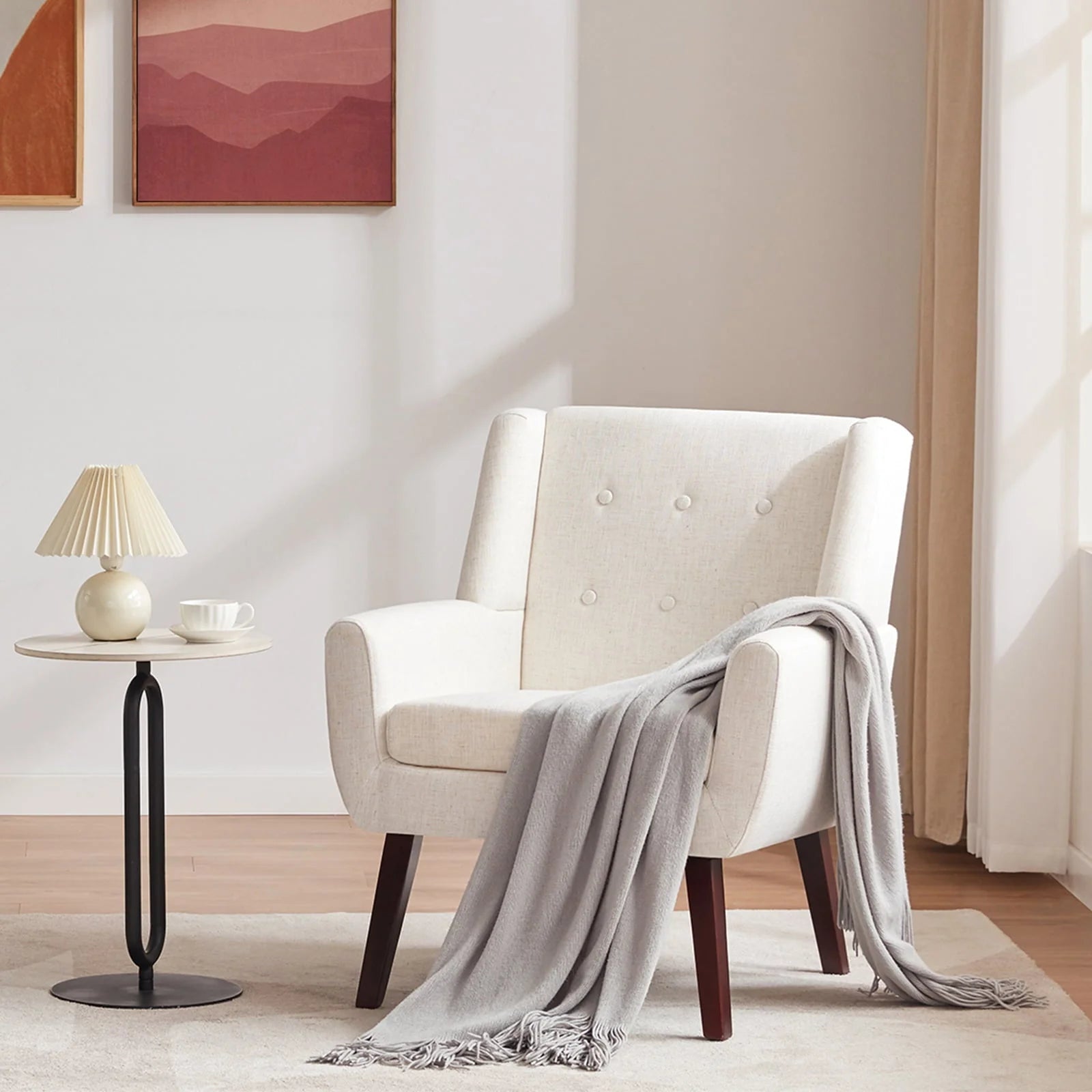 HUIMO Accent Chair, Button - Tufted Upholstered Living Room Chairs, Mid Century Modern Comfy Reading Chairs for Bedroom, Living Room, Beige