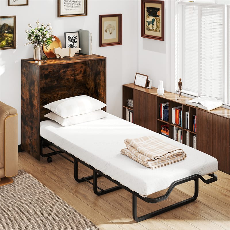 Cot Size Murphy Cabinet Bed with Mattress, 2-in-1 Folding Rollaway Guest Bed into Storage Cabinet with Lockable Wheels for Home Office