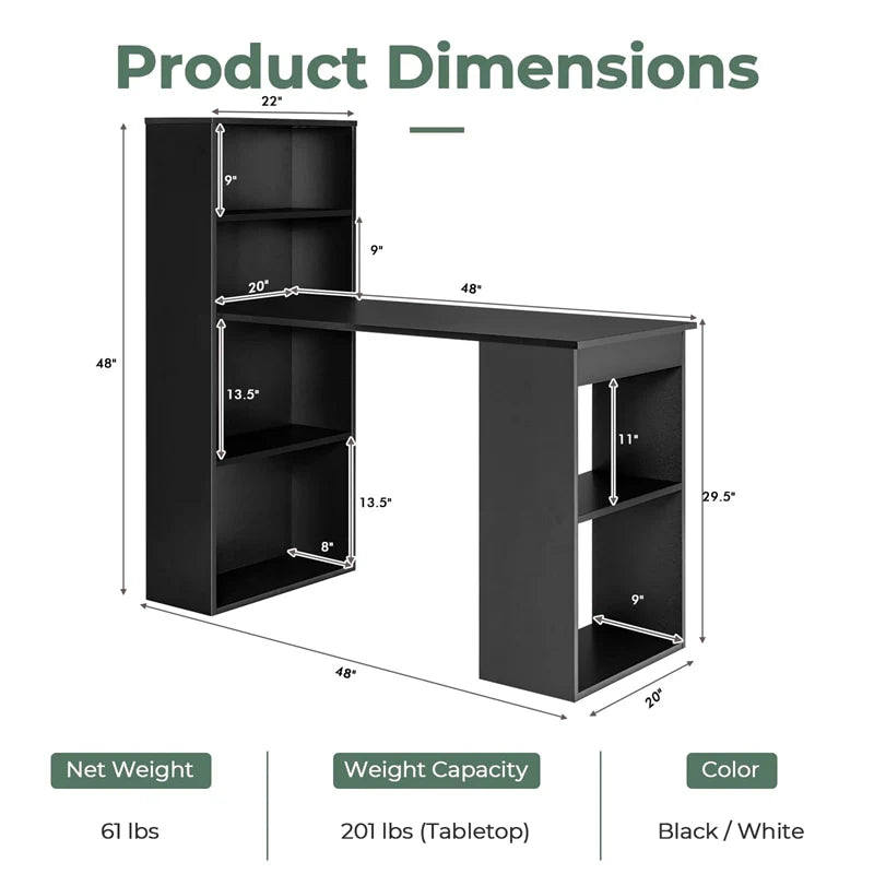 48" Computer Desk with 6-Tier Storage Shelves, 3-in-1 Reversible Writing Desk w/ Bookshelf & CPU Stand, Space-Saving Home Office Workstation