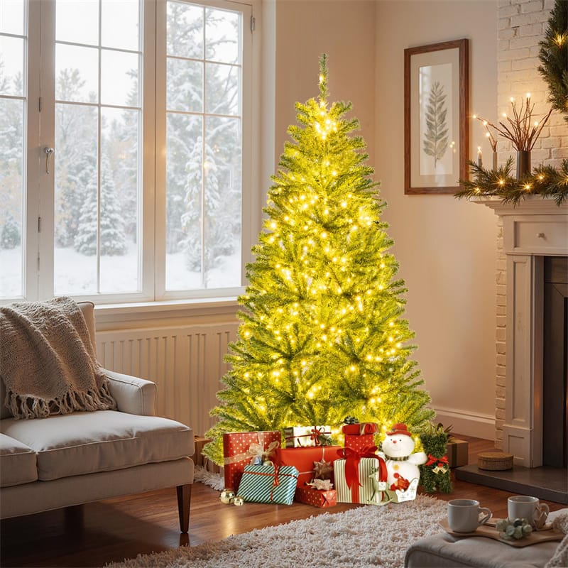 6/7/8FT Pre-Lit Artificial Christmas Tree, Hinged Xmas Tree with Remote, Warm White LED Lights, Timer, Adjustable Lighting Modes for Holiday Decor - 7 FT