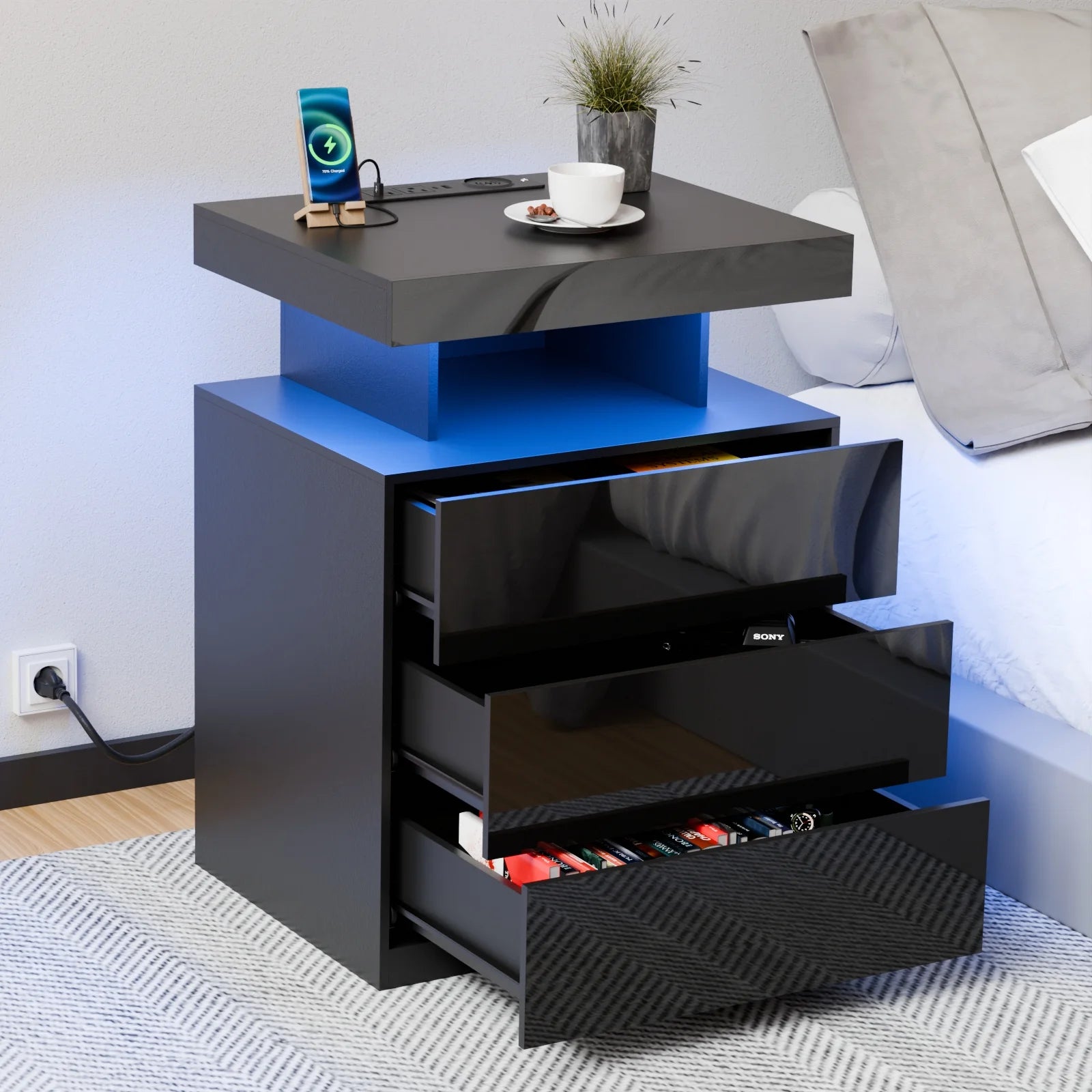Hommpa LED Nightstand Wireless Charging Station USB Type C Outlets Bedside Table 3 Drawers Black Night Table Modern Smart Nightstand High Gloss End Side Table for Bedroom Furniture 26.8" Tall