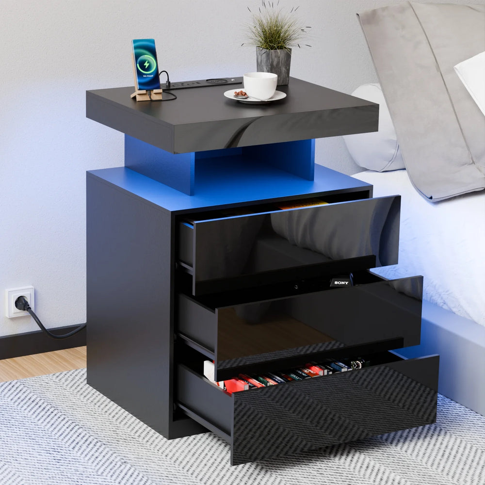 Hommpa LED Nightstand Wireless Charging Station USB Type C Outlets Bedside Table 3 Drawers Black Night Table Modern Smart Nightstand High Gloss End Side Table for Bedroom Furniture 26.8" Tall