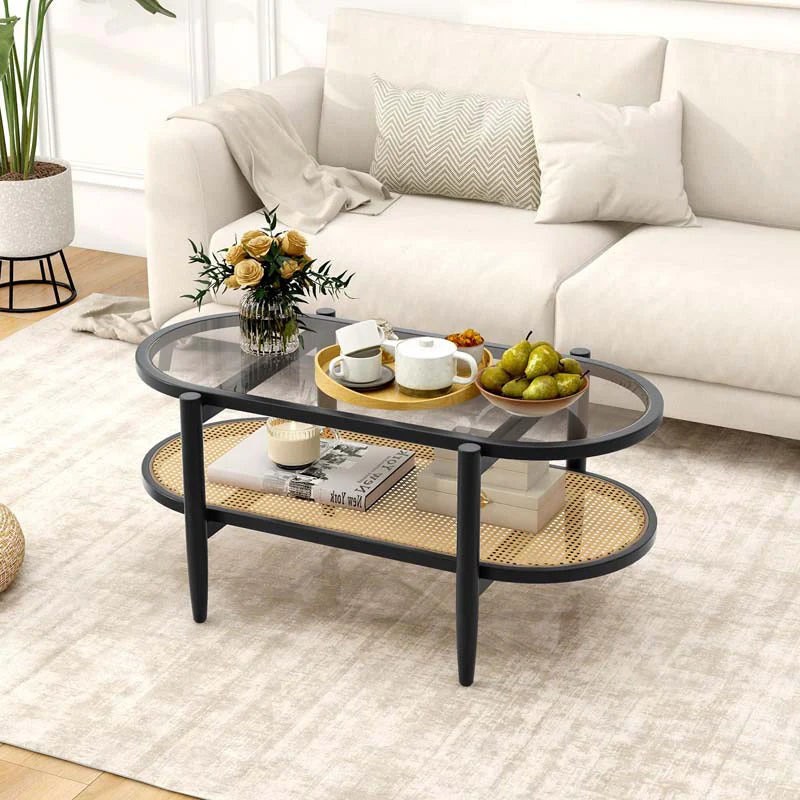 2-Tier Oval Boho Coffee Table with Tempered Glass Top, Rattan Shelf & Acacia Wood Frame, Mid Century Modern Center Table for Living Room Office
