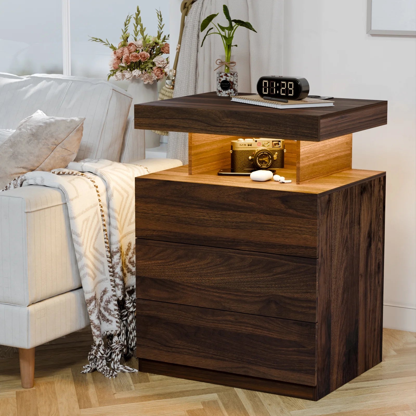 Hommpa LED Nightstand Wireless Charging Station USB Type C Outlets Bedside Table 3 Drawers Black Night Table Modern Smart Nightstand High Gloss End Side Table for Bedroom Furniture 26.8" Tall