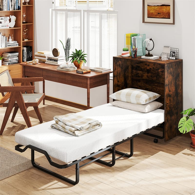 Cot Size Murphy Cabinet Bed with Mattress, 2-in-1 Folding Rollaway Guest Bed into Storage Cabinet with Lockable Wheels for Home Office