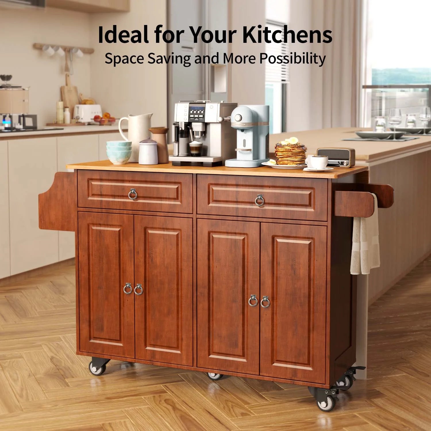 Lofka 52 - Inch Kitchen Island with Storage on Wheels with Wood Drop Leaf, Ideal for Small Kitchens