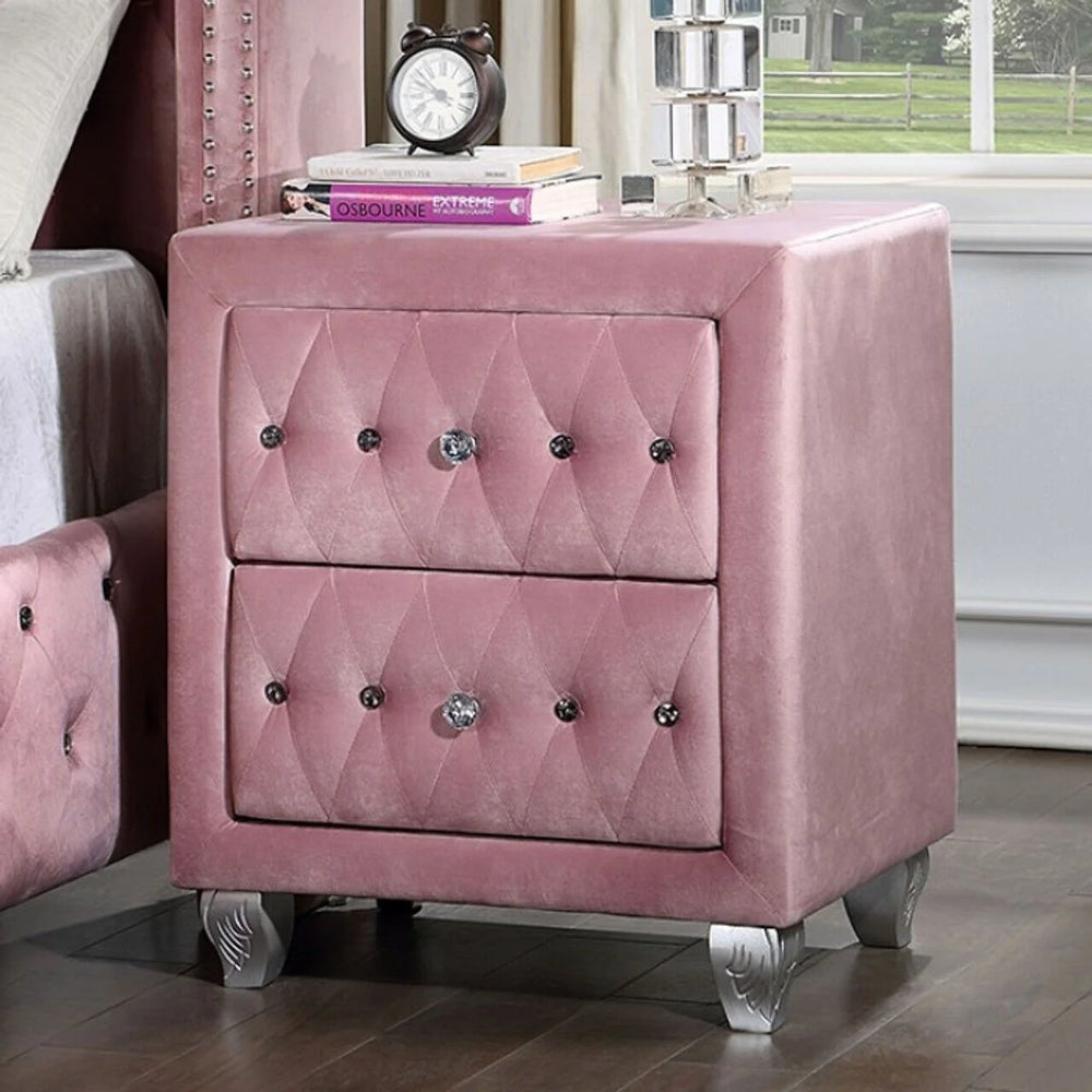 Glam Pink Upholstered Tufted Velvet Like Fabric 4pc Full Size Bed Set Dresser Mirror Nightstand Bedroom Furniture