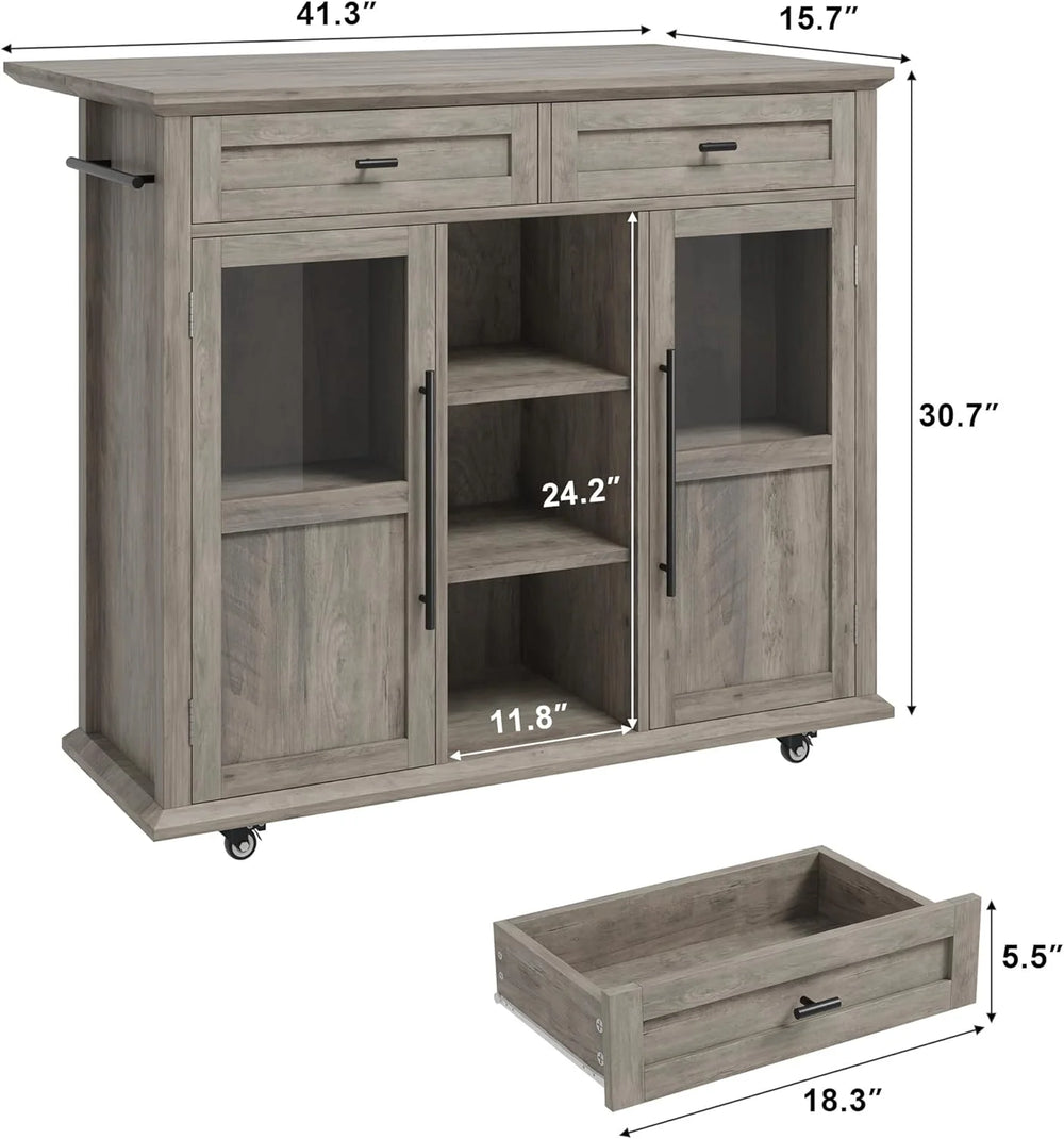 WALYWIK Foldable Kitchen Island Cart with Wheels, 2 Glass Doors, Spice Rack & Towel Holder - Compact Mobile Storage Cart for Small Kitchens, Dining Rooms, Camping & Rvs - Grey
