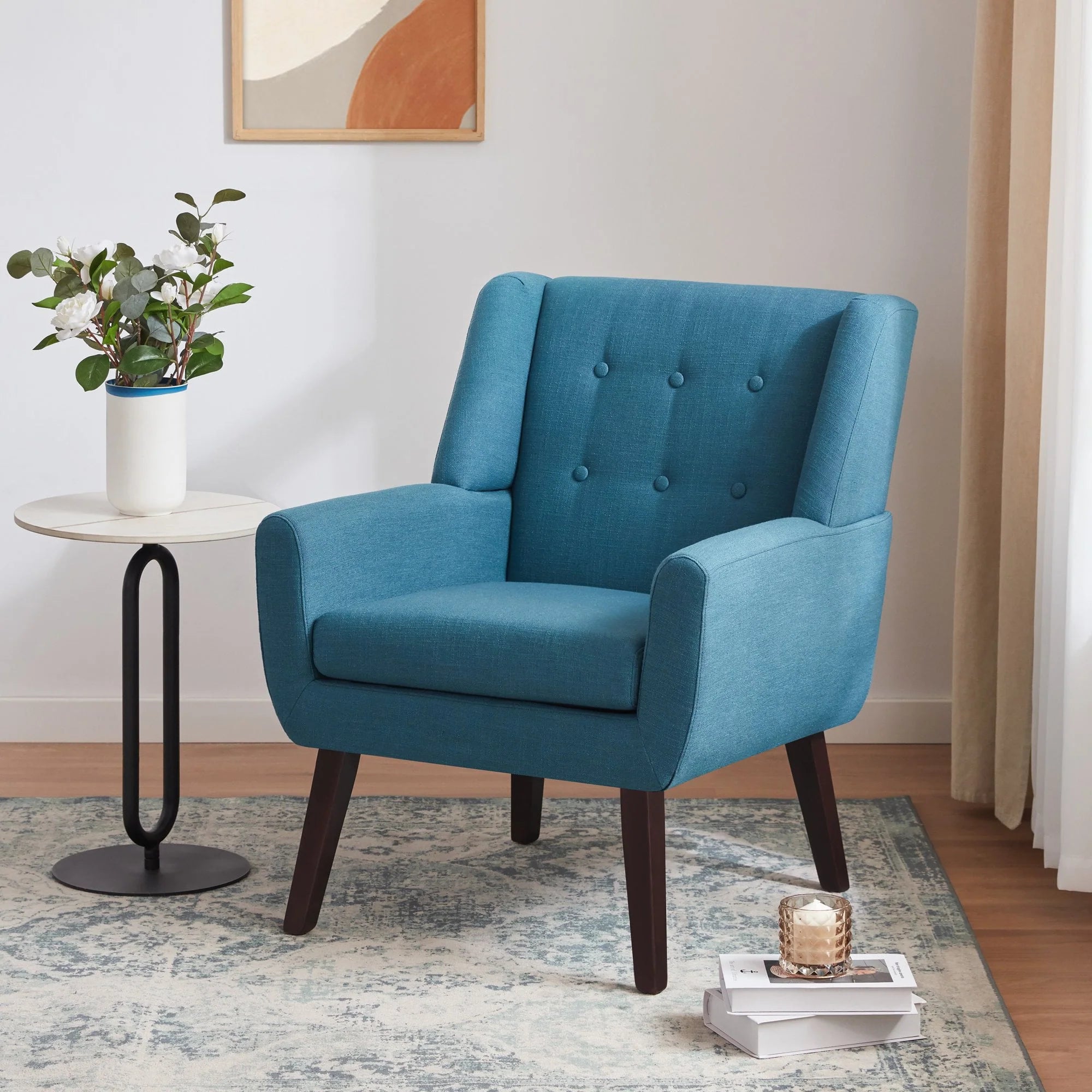 HUIMO Accent Chair, Button - Tufted Upholstered Living Room Chairs, Mid Century Modern Comfy Reading Chairs for Bedroom, Living Room, Beige