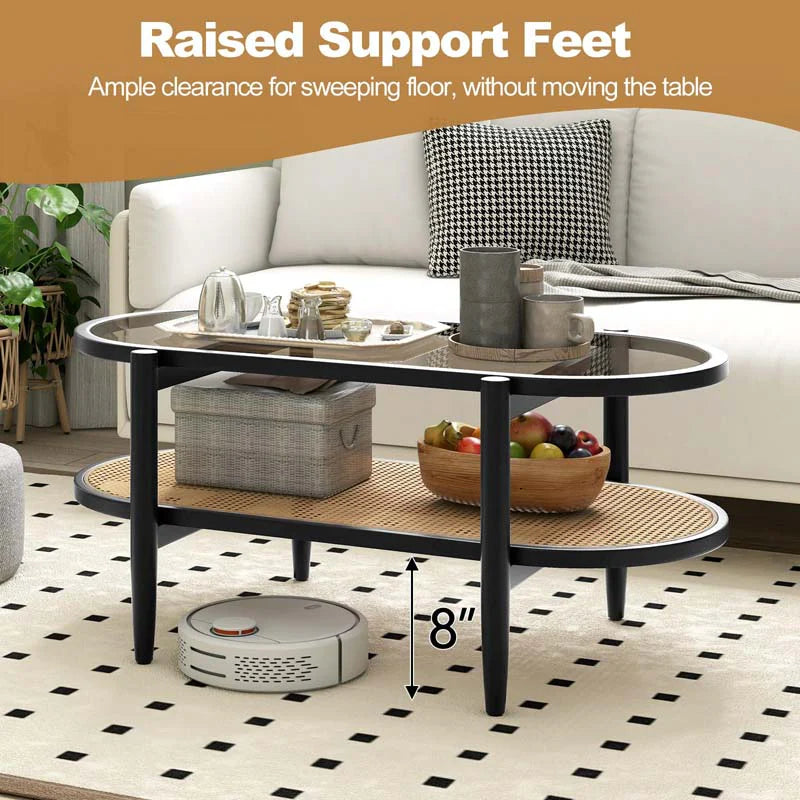 2-Tier Oval Boho Coffee Table with Tempered Glass Top, Rattan Shelf & Acacia Wood Frame, Mid Century Modern Center Table for Living Room Office