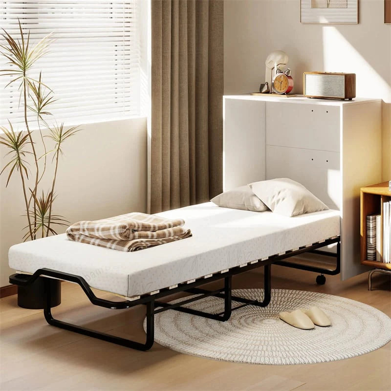 Cot Size Murphy Cabinet Bed with Mattress, 2-in-1 Folding Rollaway Guest Bed into Storage Cabinet with Lockable Wheels for Home Office
