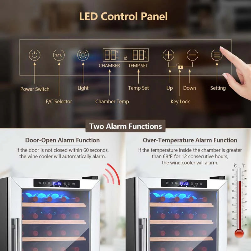 20 Inch 33 Bottles Wine Cooler Refrigerator Built-In or Freestanding Mini Wine Fridge with 2-Layer Tempered Glass Door & Dual Alarm Function