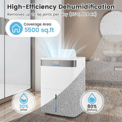 5500 Sq.Ft 96 Pint Dehumidifier for Basement, Portable Home Dehumidifier with Drain Hose, Auto Defrost, 24H Timer & Sleep Mode for Bathroom Bedroom