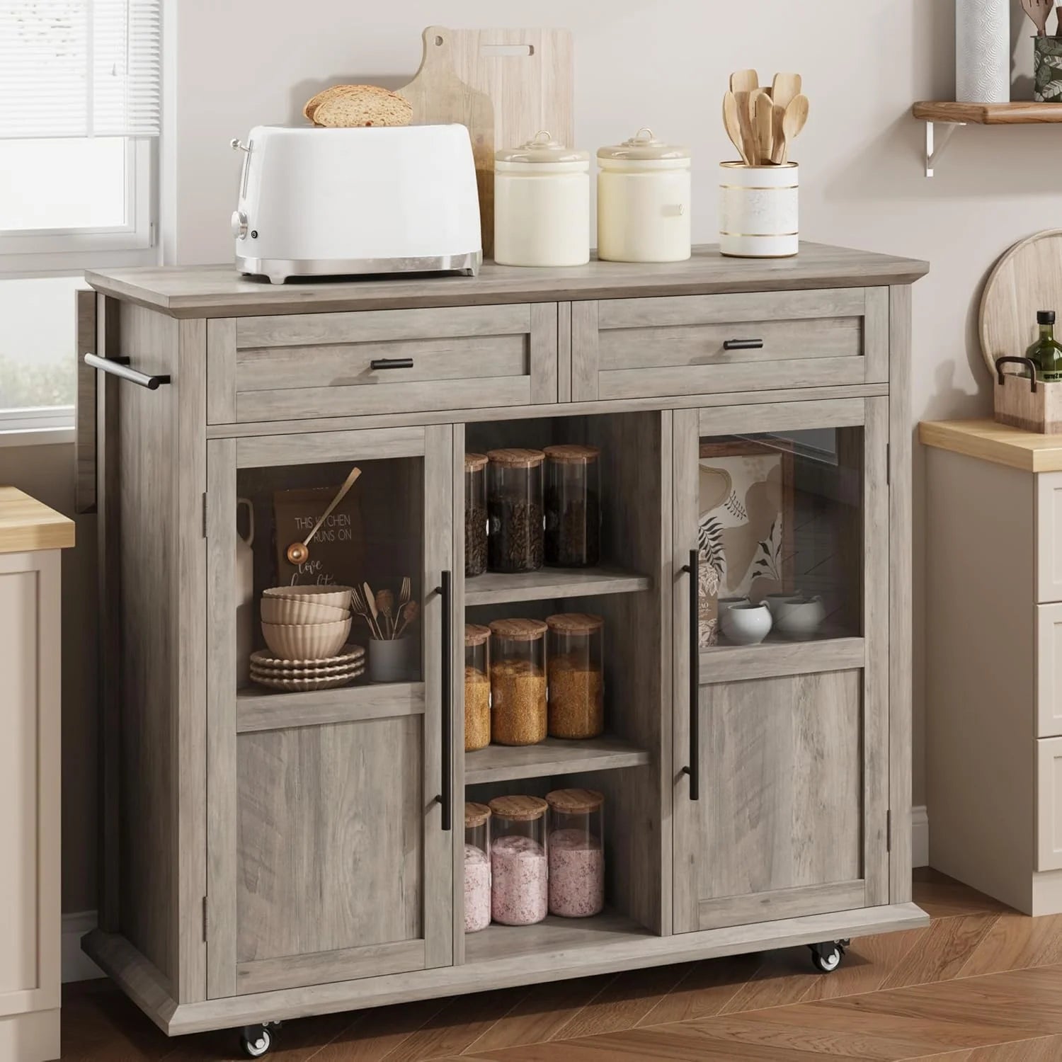WALYWIK Foldable Kitchen Island Cart with Wheels, 2 Glass Doors, Spice Rack & Towel Holder - Compact Mobile Storage Cart for Small Kitchens, Dining Rooms, Camping & Rvs - Grey
