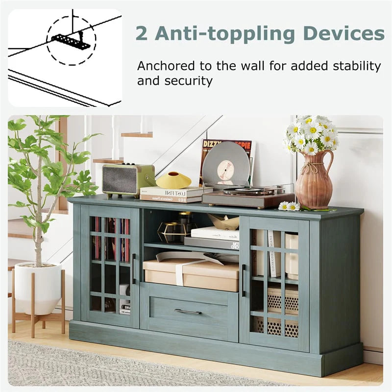 62" Farmhouse TV Stand for 70 Inch TVs, Tall Media Console Table with 2 Glass Doors, Cubbies & Drawer, Storage Cabinet for Living Room