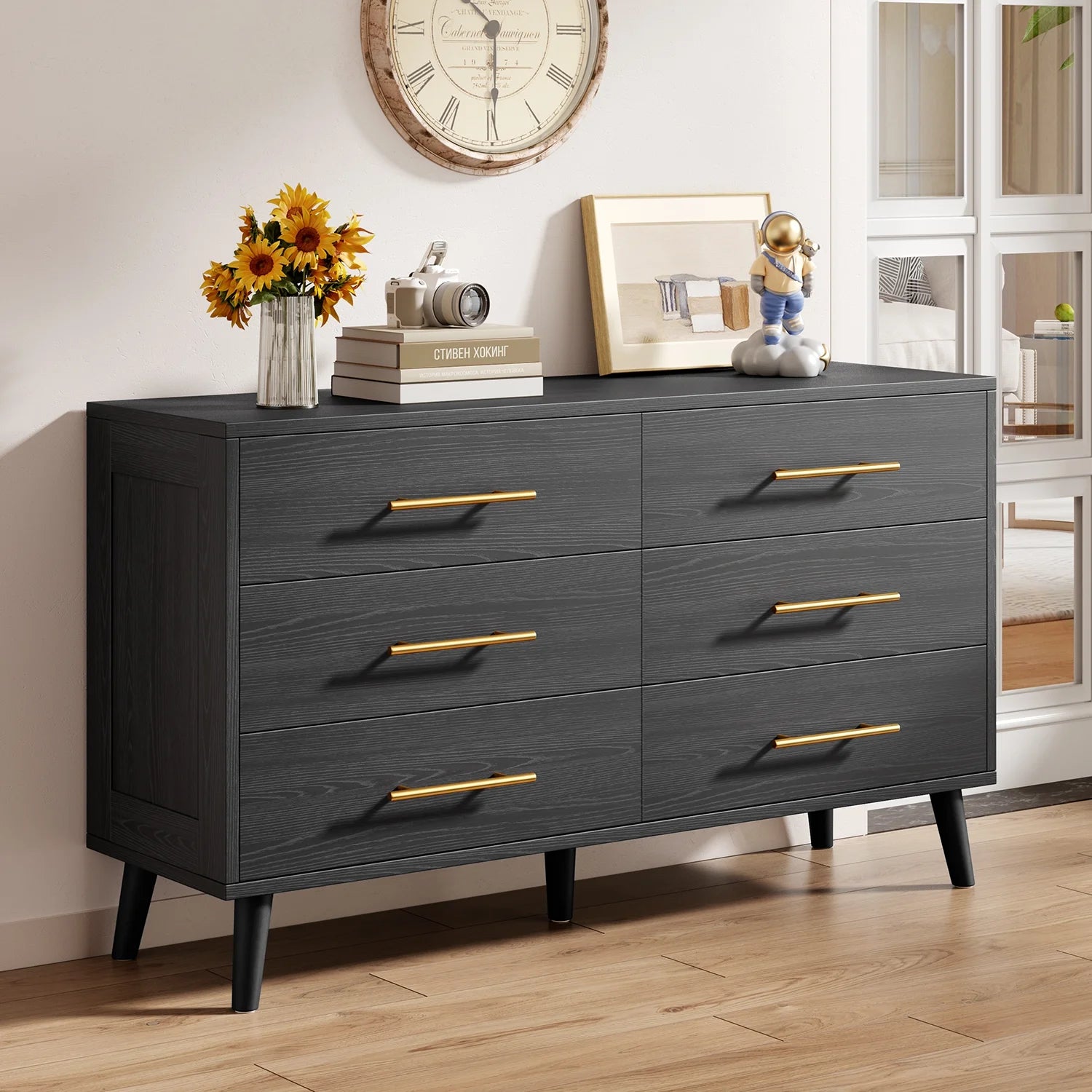 Bedroom Furniture Set - Includes Queen Bed Frame, Nightstands Set of 2, 5 - Drawer Dresser & Double Wide 6 - Drawer Dresser - Modern Storage Solution for Stylish Home Decor, Black