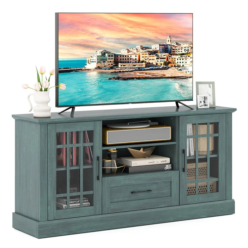 62" Farmhouse TV Stand for 70 Inch TVs, Tall Media Console Table with 2 Glass Doors, Cubbies & Drawer, Storage Cabinet for Living Room - Black