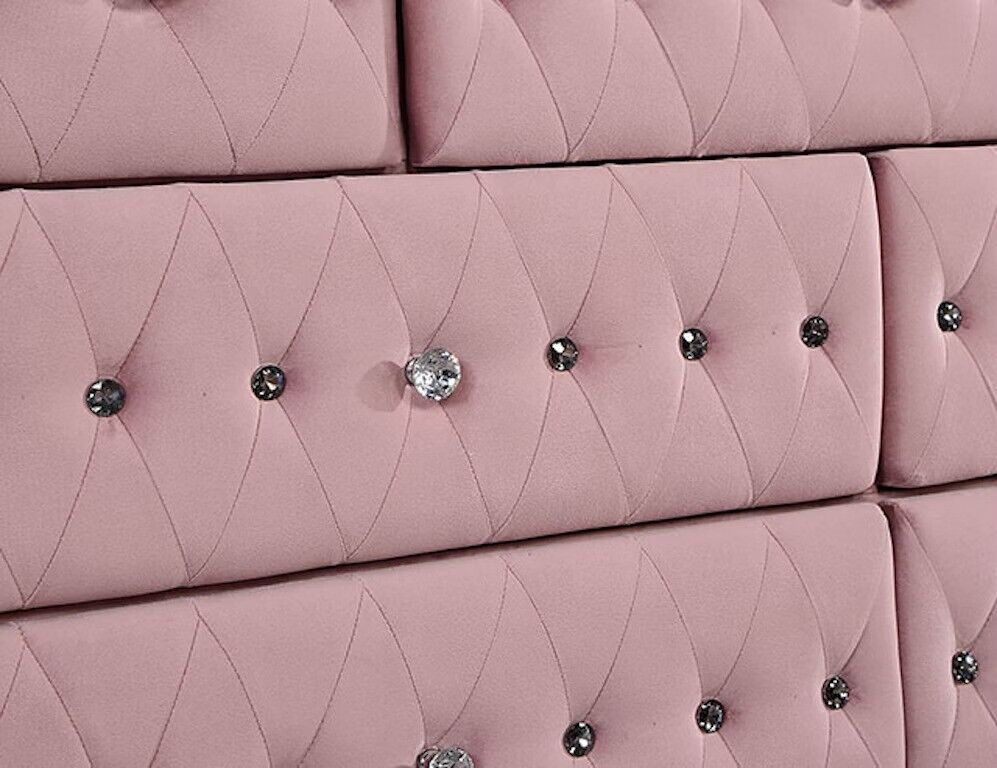 Glam Pink Upholstered Tufted Velvet Like Fabric 4pc Full Size Bed Set Dresser Mirror Nightstand Bedroom Furniture