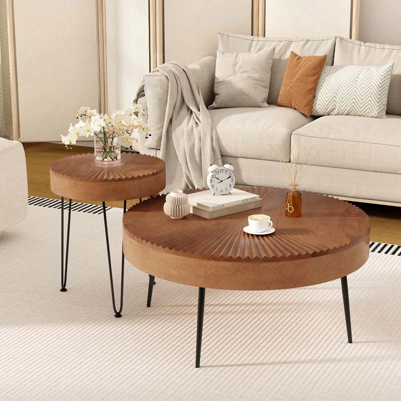 Boho Farmhouse Round Coffee Table Set of 2, Solid Pine Wood Nesting End Table with Metal Legs, Adjustable Foot Pads for Living Room