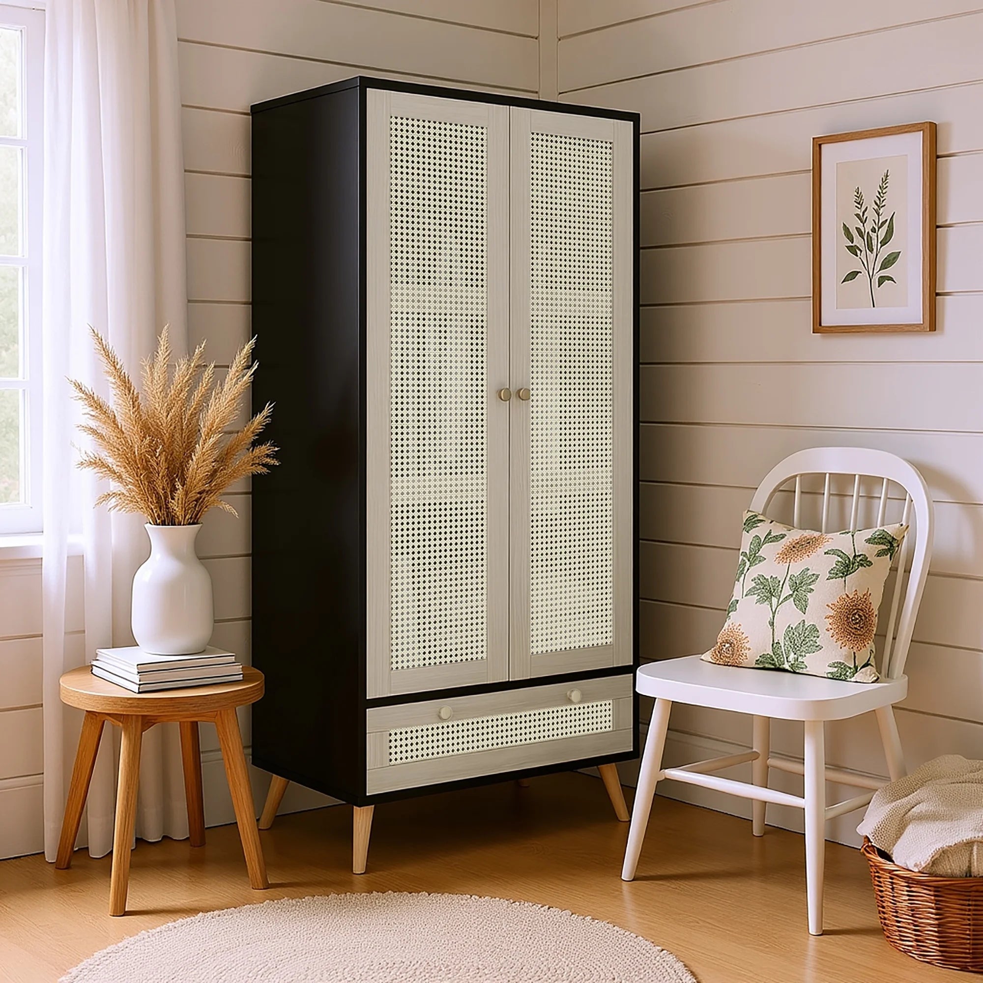GOMYHOME - Accent Cabinet with Rattan Doors & Drawer, Modern Storage Armoire for Living Room, Bedroom, Natural Wood Finish