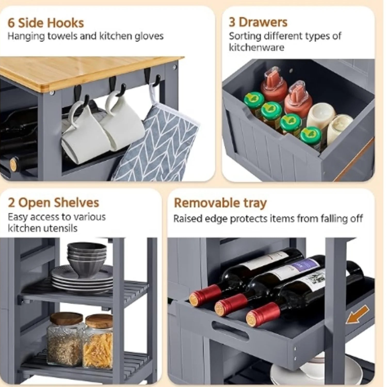 Kitchen Island Cart on Wheels with Storage, Rolling Bar Cart with Solid Wood Top and 3 Drawers, 3 Removable Shelves, Serving Utility Carts for Dining Room/Small Kitchen, Dark Gray ???