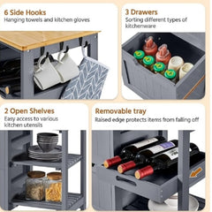Kitchen Island Cart on Wheels with Storage, Rolling Bar Cart with Solid Wood Top and 3 Drawers, 3 Removable Shelves, Serving Utility Carts for Dining Room/Small Kitchen, Dark Gray ???