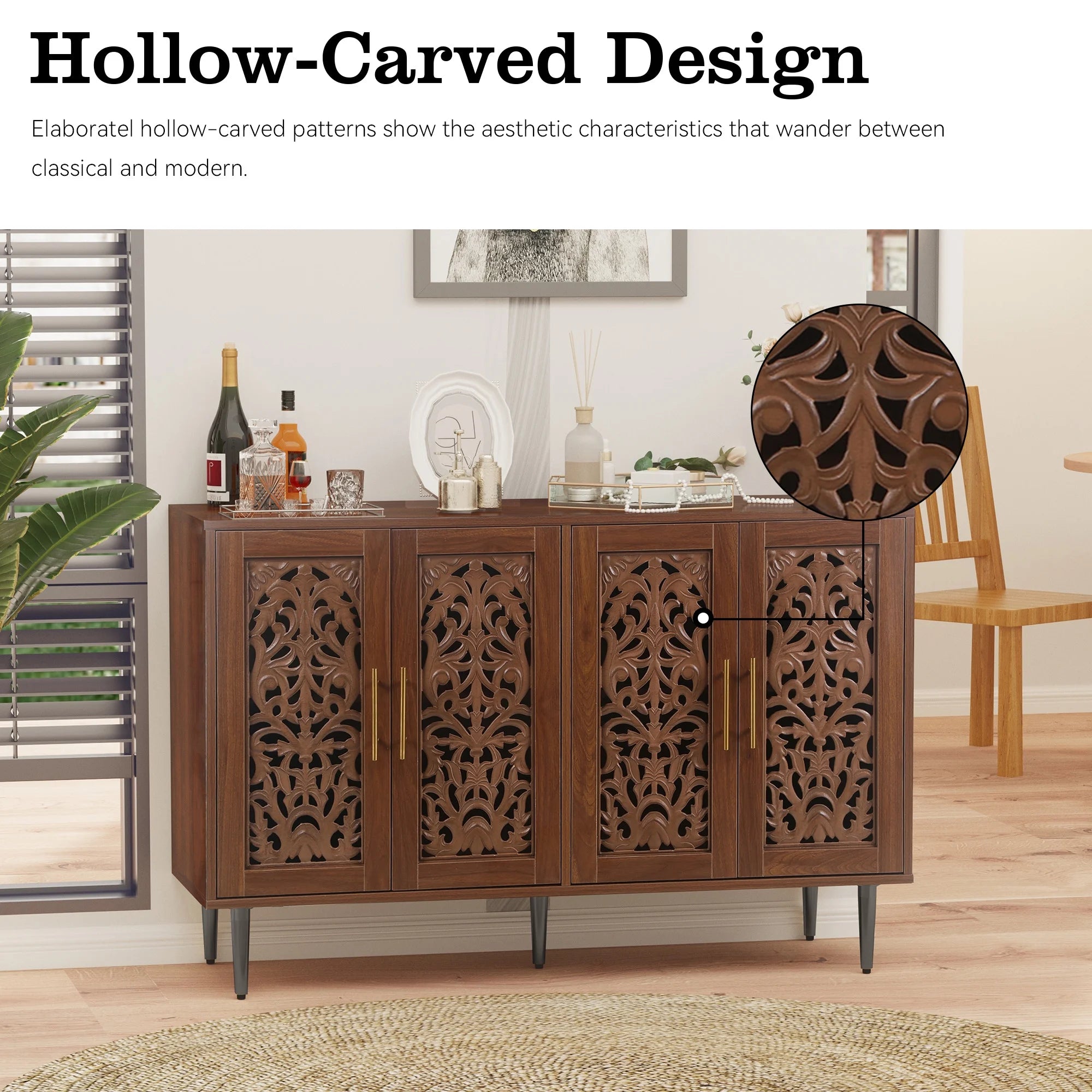 HLR 48" Accent Cabinet with 4 Doors, Vintage Hollow Carving Storage Credenza, Sideboards and Buffets Cabinet for Living Room, Kitchen, Dining Room, Entryway