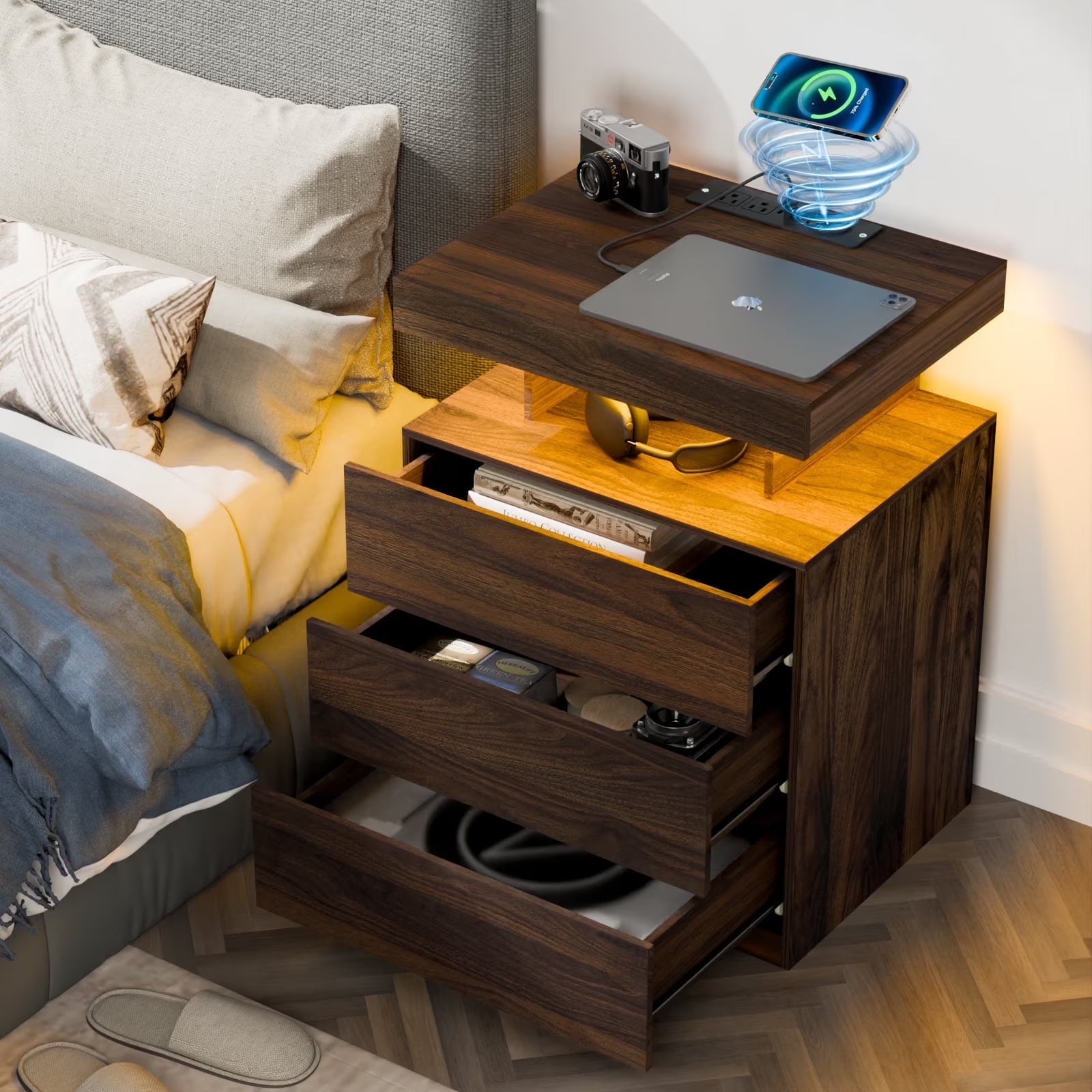 Hommpa LED Nightstand Wireless Charging Station USB Type C Outlets Bedside Table 3 Drawers Black Night Table Modern Smart Nightstand High Gloss End Side Table for Bedroom Furniture 26.8" Tall - Gray / Single