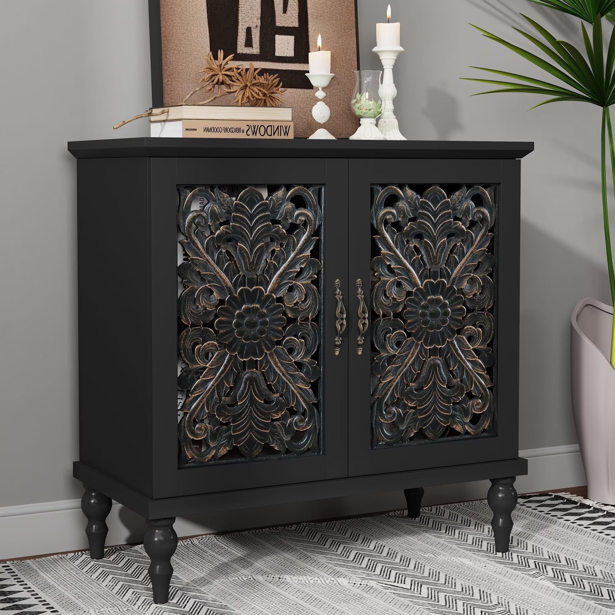 HLR 48" Accent Cabinet with 4 Doors, Vintage Hollow Carving Storage Credenza, Sideboards and Buffets Cabinet for Living Room, Kitchen, Dining Room, Entryway - 63"-Rounded Corners-Brown