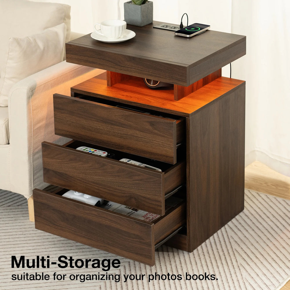 Hommpa LED Nightstand Wireless Charging Station USB Type C Outlets Bedside Table 3 Drawers Black Night Table Modern Smart Nightstand High Gloss End Side Table for Bedroom Furniture 26.8" Tall