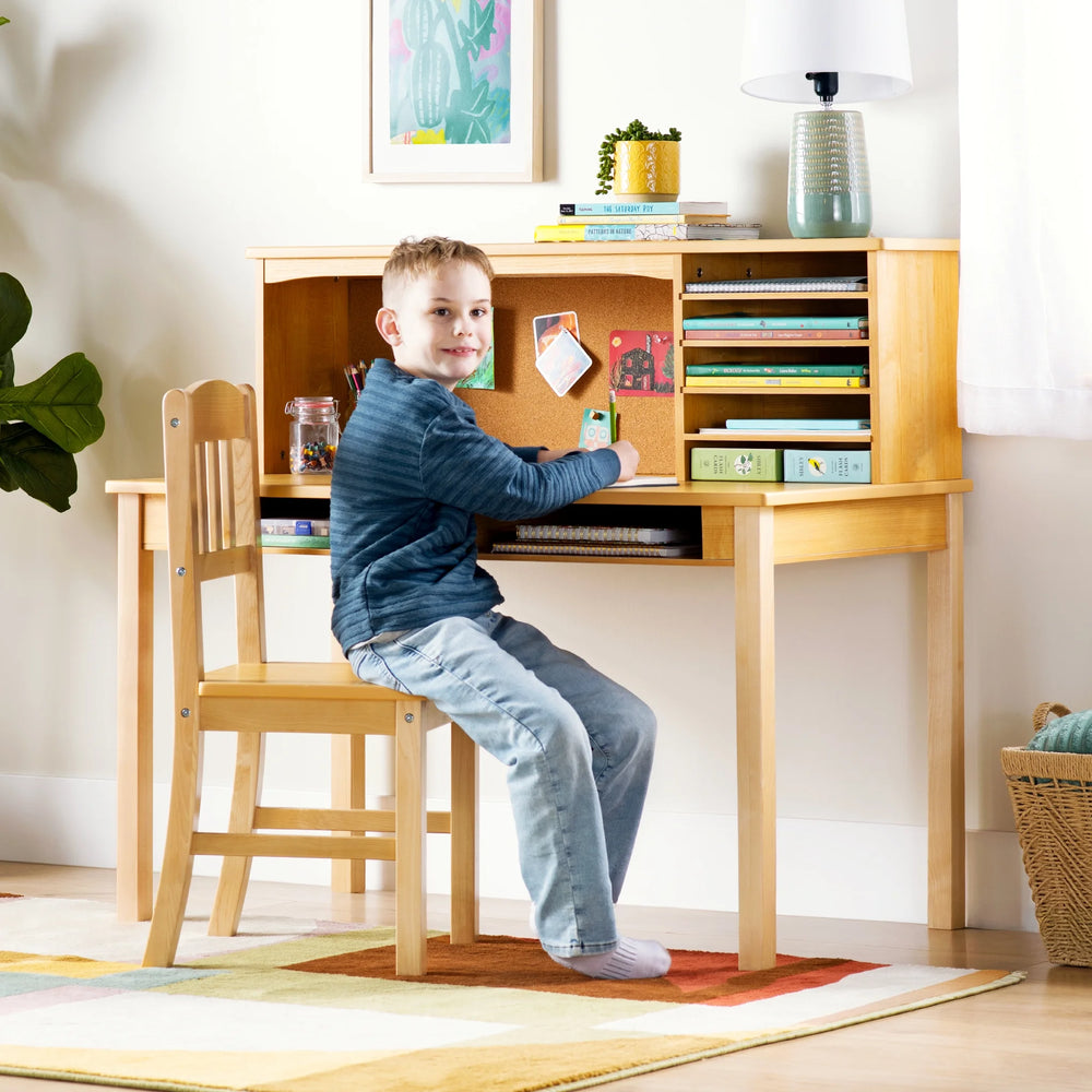 Guidecraft Kids Media Desk and Chair Set - Gray: Kids Desk and Chair Set, Study Table for Kids with Hutch and Shelf, Wood Bedroom Furniture Set