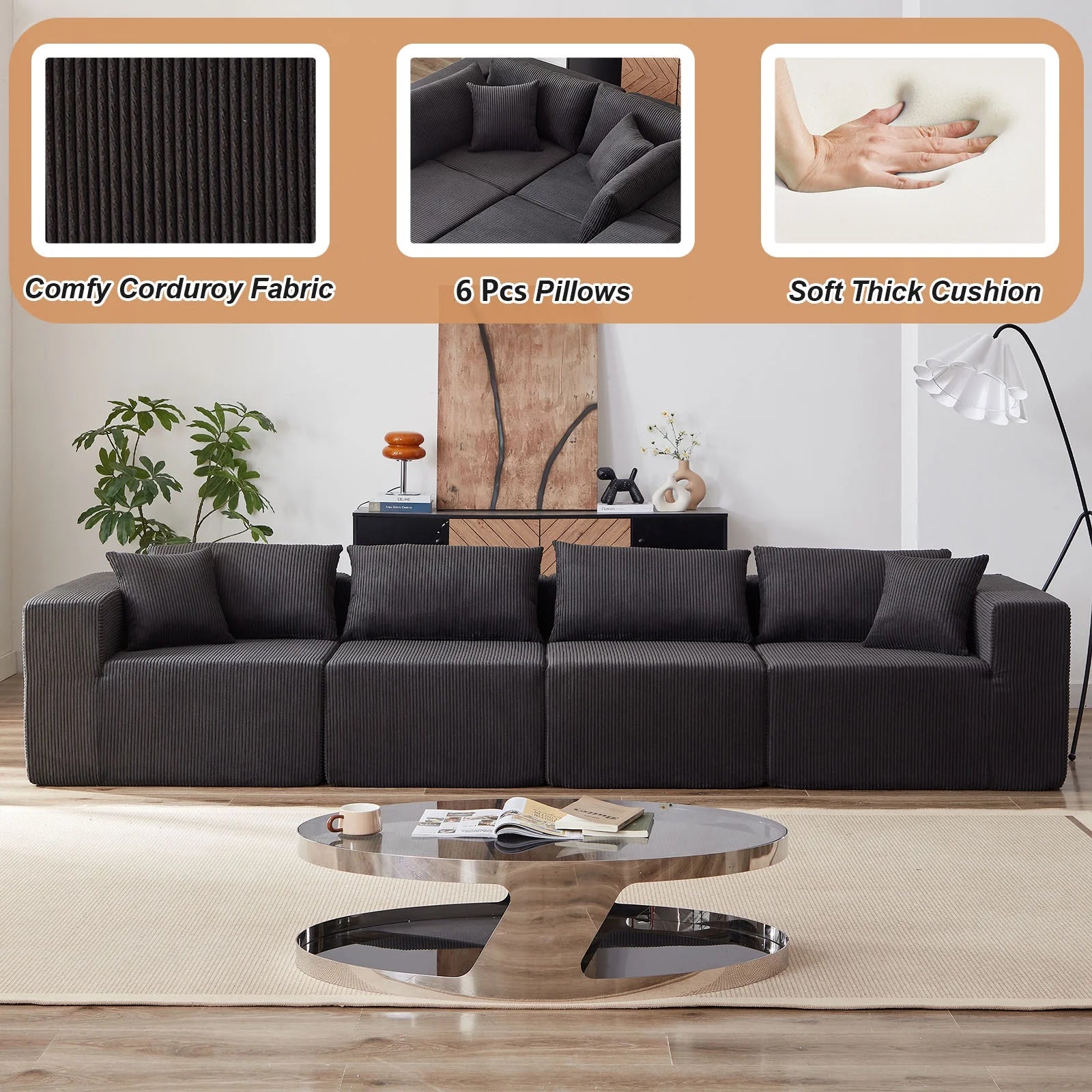 104 - Inch Corduroy Modular L Shaped Sectional Sofa, Luxury Floor Couch Set, Upholstered Indoor Furniture, Foam - Filled Compressed Sofa for Living Room, Bedroom, 4 PC Free Combination ?